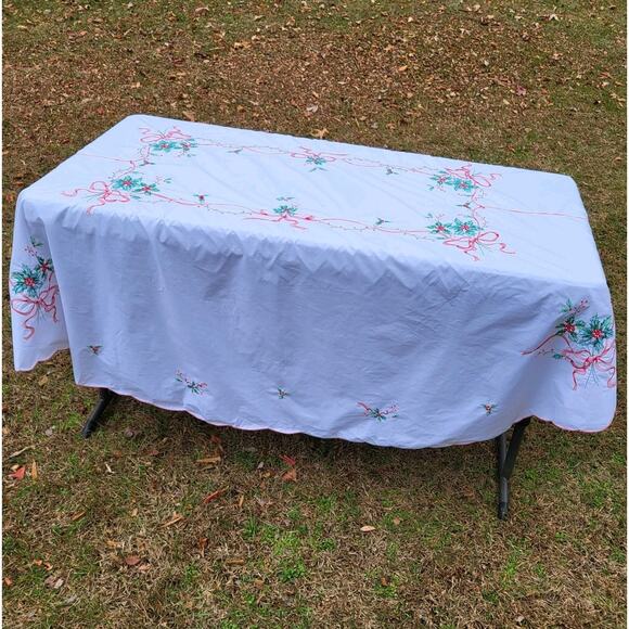 Christmas Hand Stitched Cotton Linen Rectangle Table Cloth Holly Ribbon 69x78" - Picture 4 of 9